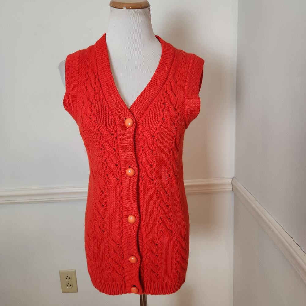 Vintage 70s Sweater Vest Sz XS Womens Wool Buttonup Orange Librarian Retro